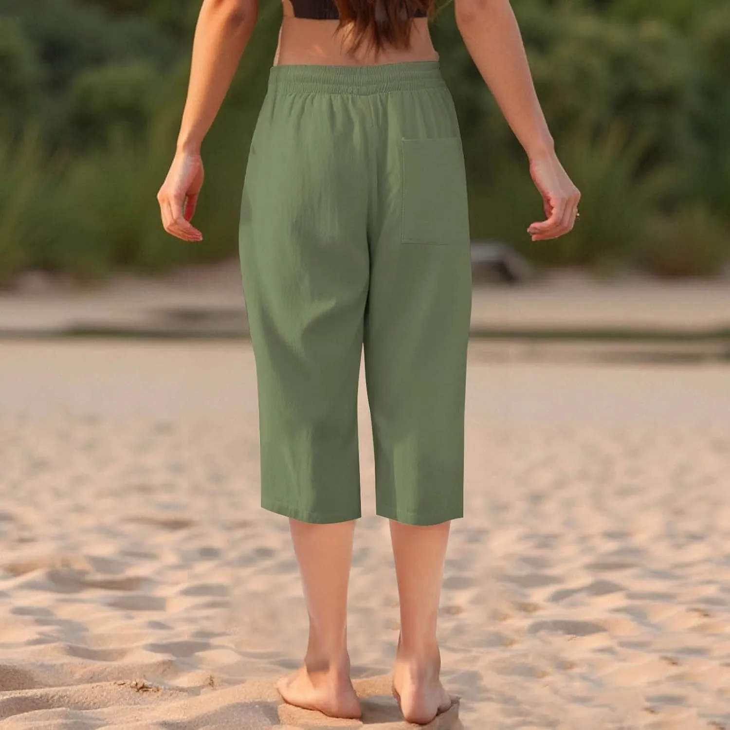 Linen Capri Pants for Women Cotton Lounge Summer Capris Drawstring High Waist Pant Wide Leg Cropped Trousers
