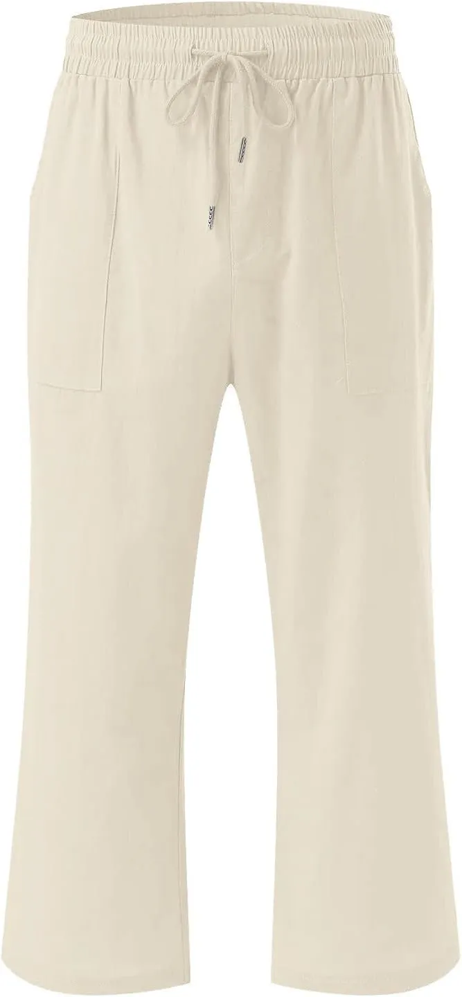 Linen Capri Pants for Women Cotton Lounge Summer Capris Drawstring High Waist Pant Wide Leg Cropped Trousers