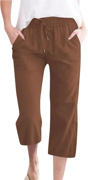 Linen Capri Pants for Women Cotton Lounge Summer Capris Drawstring High Waist Pant Wide Leg Cropped Trousers