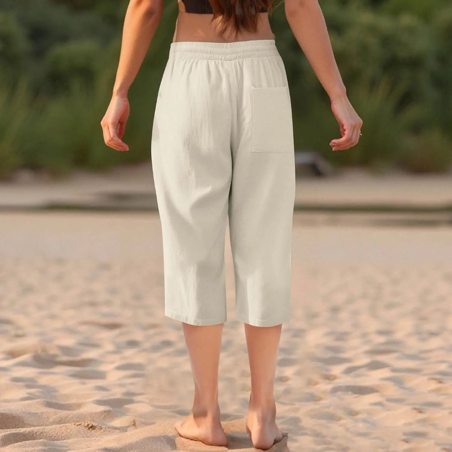 Linen Capri Pants for Women Cotton Lounge Summer Capris Drawstring High Waist Pant Wide Leg Cropped Trousers