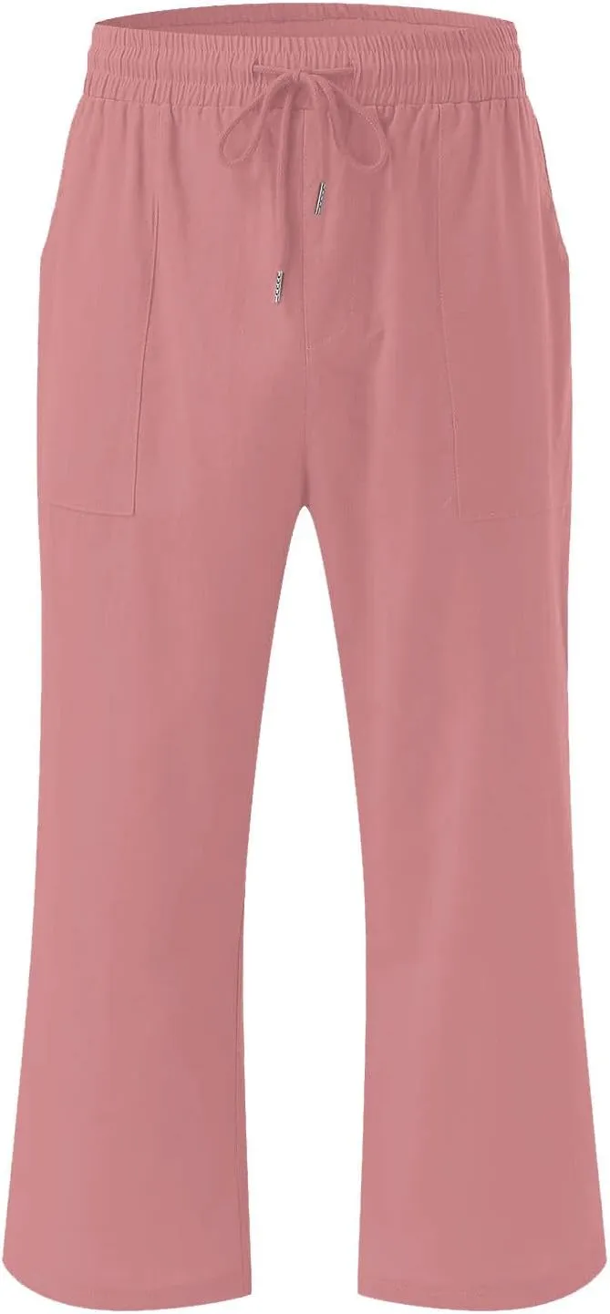 Linen Capri Pants for Women Cotton Lounge Summer Capris Drawstring High Waist Pant Wide Leg Cropped Trousers