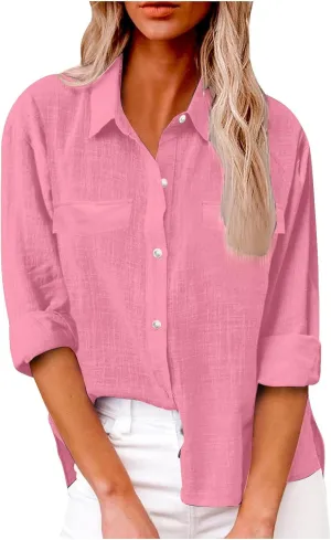 linen Crop Tops for Women Linen Shirts for Women with Pockets Long Sleeve High Low Oversized Blouse Tops for Women
