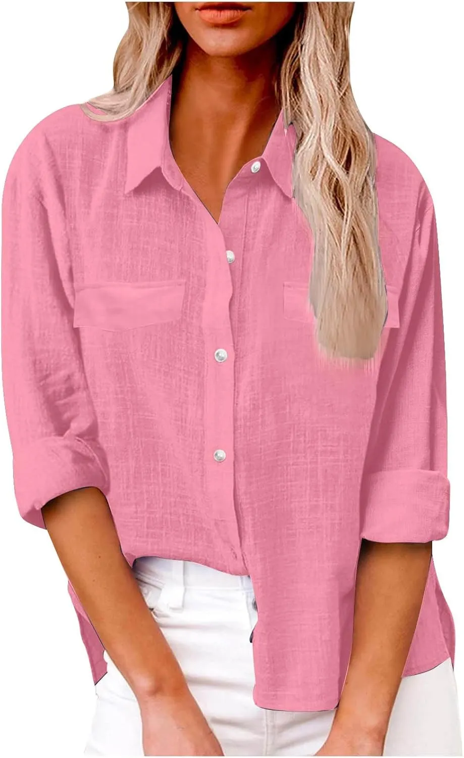 linen Crop Tops for Women Linen Shirts for Women with Pockets Long Sleeve High Low Oversized Blouse Tops for Women