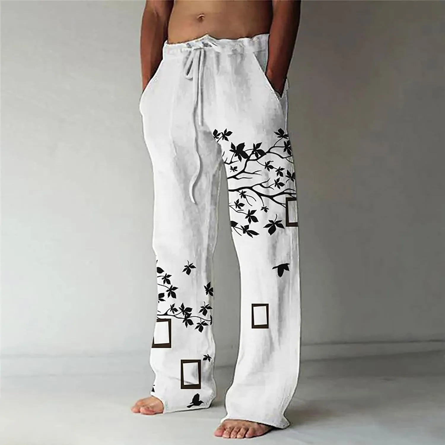 Linen Pants for Men, Mens Casual Pants Lightweight Drawstring Summer Beach Pants Elastic Waist Linen Pants
