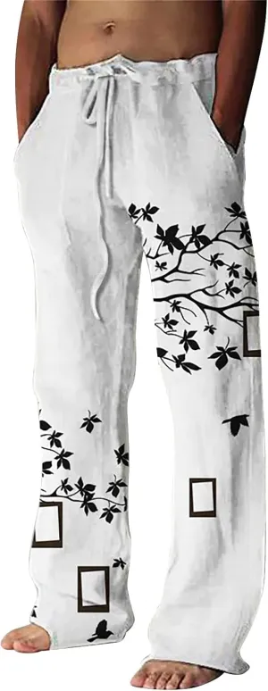 Linen Pants for Men, Mens Casual Pants Lightweight Drawstring Summer Beach Pants Elastic Waist Linen Pants