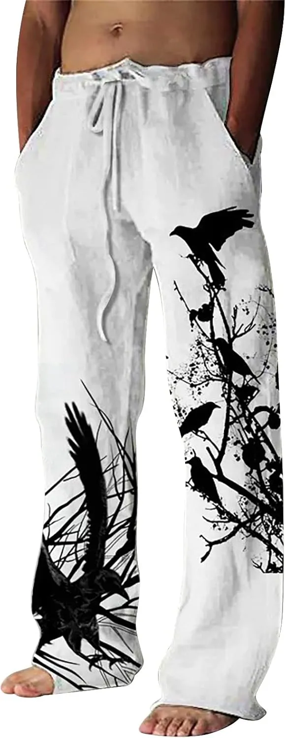 Linen Pants for Men, Mens Casual Pants Lightweight Drawstring Summer Beach Pants Elastic Waist Linen Pants