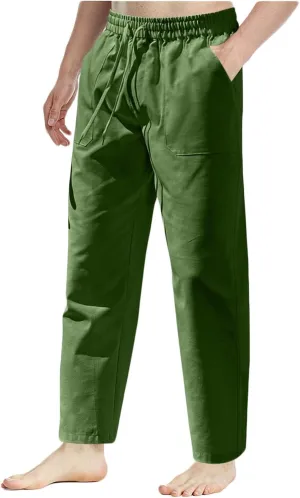 Linen Pants Men Drawstring Elastic Waist Beach Pants Baggy Summer Pants Lightweight Linen Trousers with Pockets