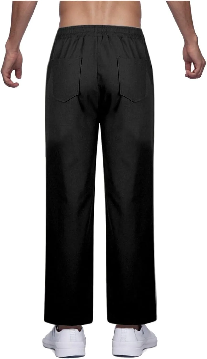 Linen Pants Men Drawstring Elastic Waist Beach Pants Baggy Summer Pants Lightweight Linen Trousers with Pockets