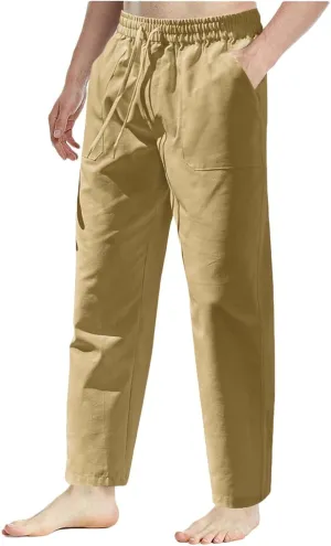 Linen Pants Men Drawstring Elastic Waist Beach Pants Baggy Summer Pants Lightweight Linen Trousers with Pockets