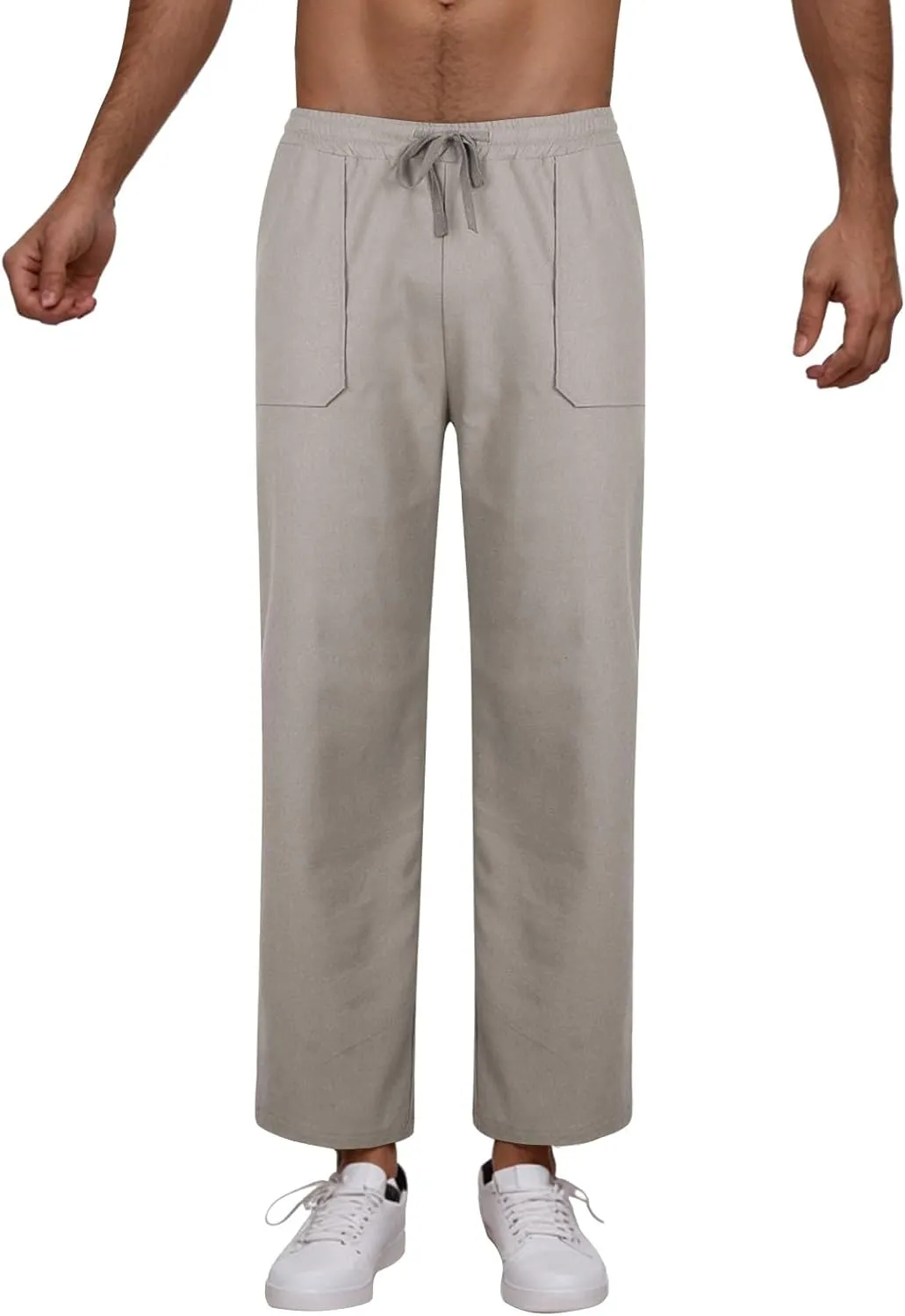 Linen Pants Men Drawstring Elastic Waist Beach Pants Baggy Summer Pants Lightweight Linen Trousers with Pockets