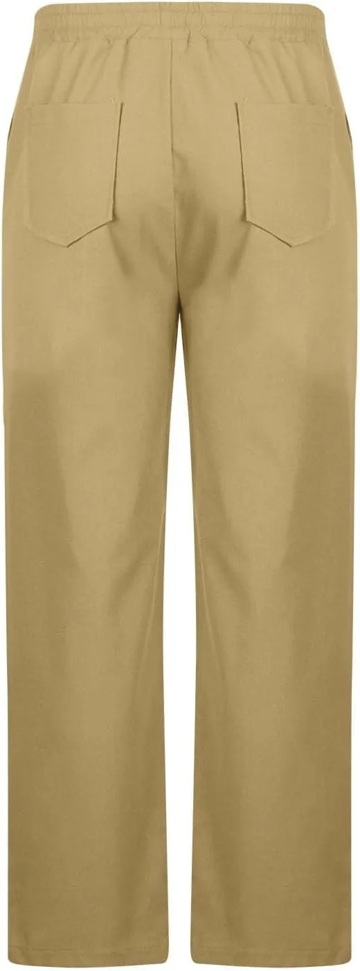 Linen Pants Men Drawstring Elastic Waist Beach Pants Baggy Summer Pants Lightweight Linen Trousers with Pockets