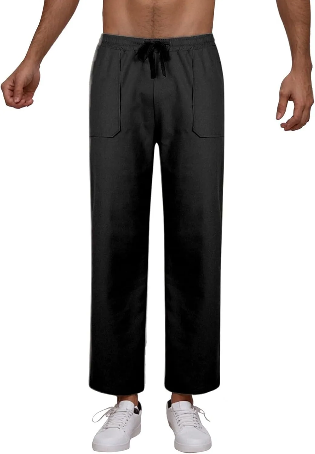 Linen Pants Men Drawstring Elastic Waist Beach Pants Baggy Summer Pants Lightweight Linen Trousers with Pockets