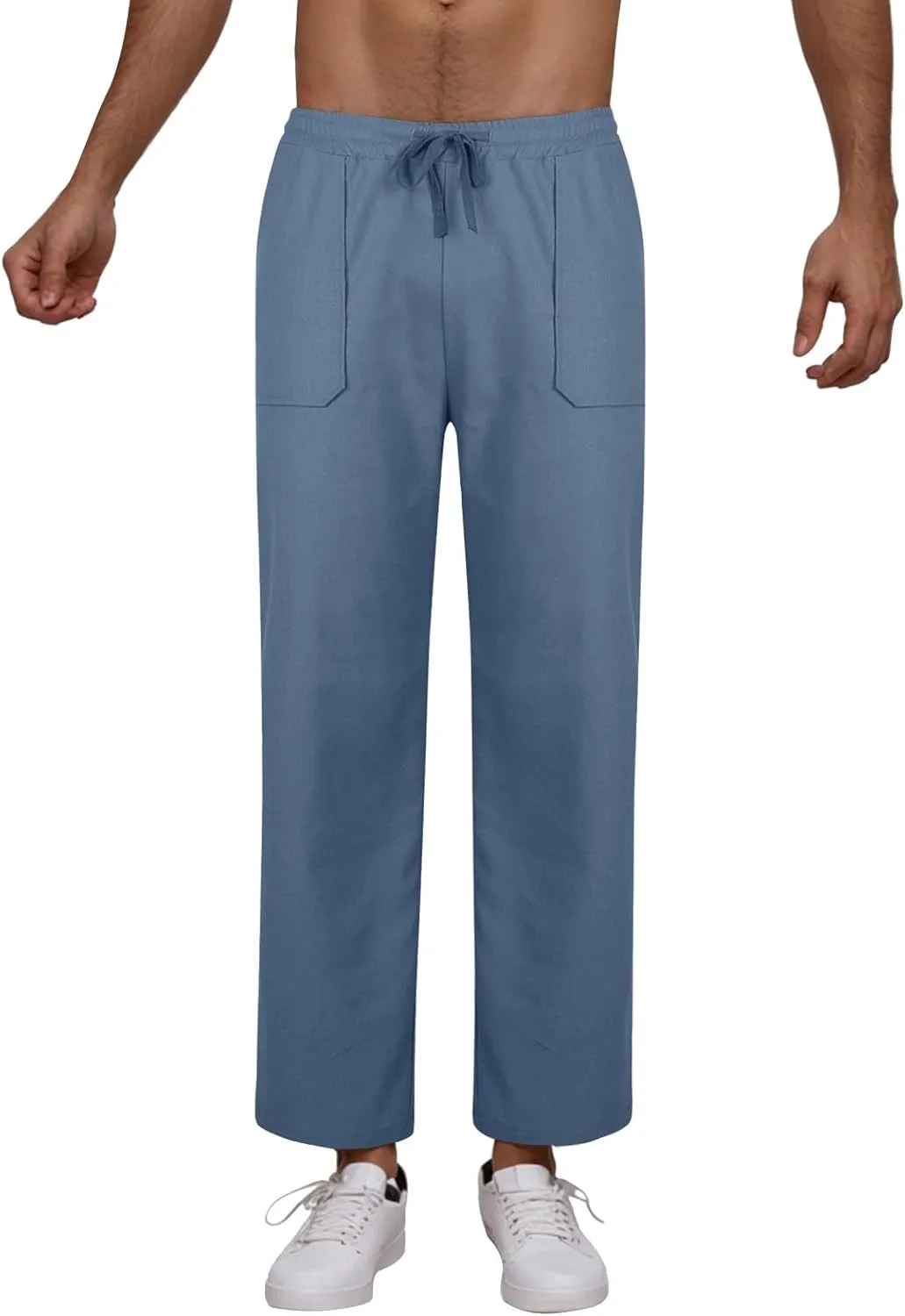 Linen Pants Men Drawstring Elastic Waist Beach Pants Baggy Summer Pants Lightweight Linen Trousers with Pockets