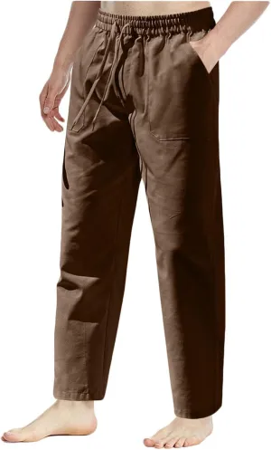Linen Pants Men Drawstring Elastic Waist Beach Pants Baggy Summer Pants Lightweight Linen Trousers with Pockets