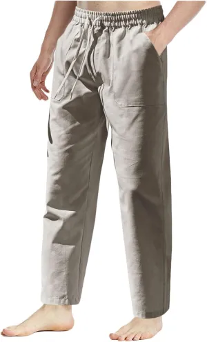 Linen Pants Men Drawstring Elastic Waist Beach Pants Baggy Summer Pants Lightweight Linen Trousers with Pockets