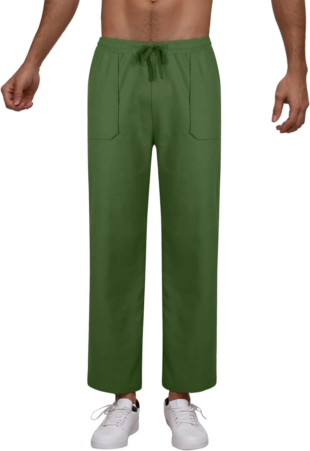 Linen Pants Men Drawstring Elastic Waist Beach Pants Baggy Summer Pants Lightweight Linen Trousers with Pockets