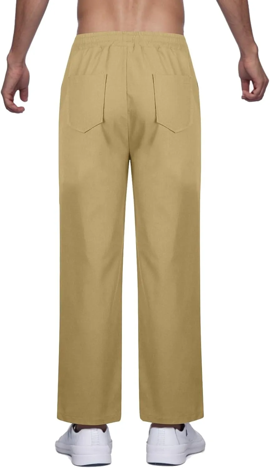 Linen Pants Men Drawstring Elastic Waist Beach Pants Baggy Summer Pants Lightweight Linen Trousers with Pockets