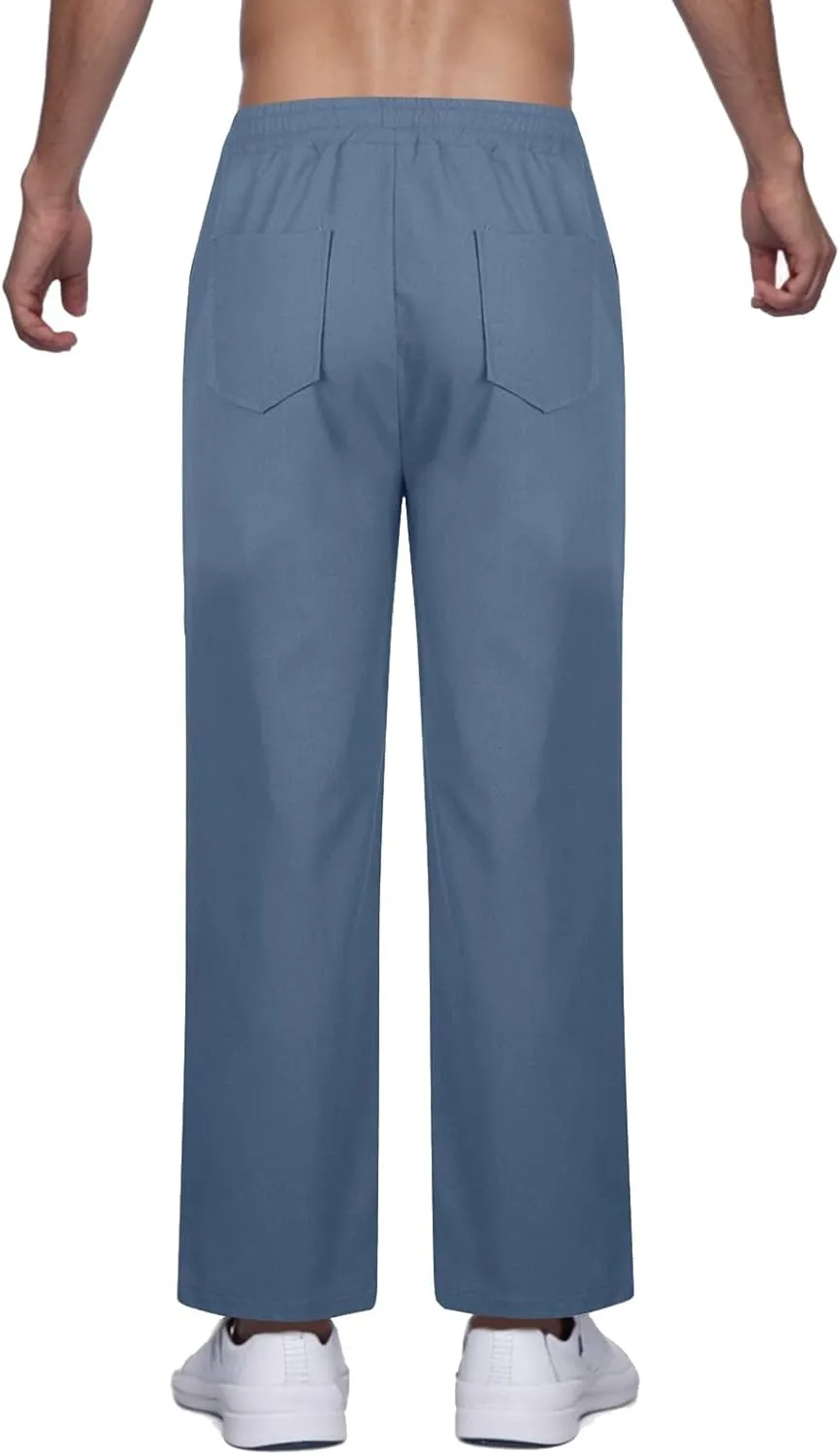 Linen Pants Men Drawstring Elastic Waist Beach Pants Baggy Summer Pants Lightweight Linen Trousers with Pockets