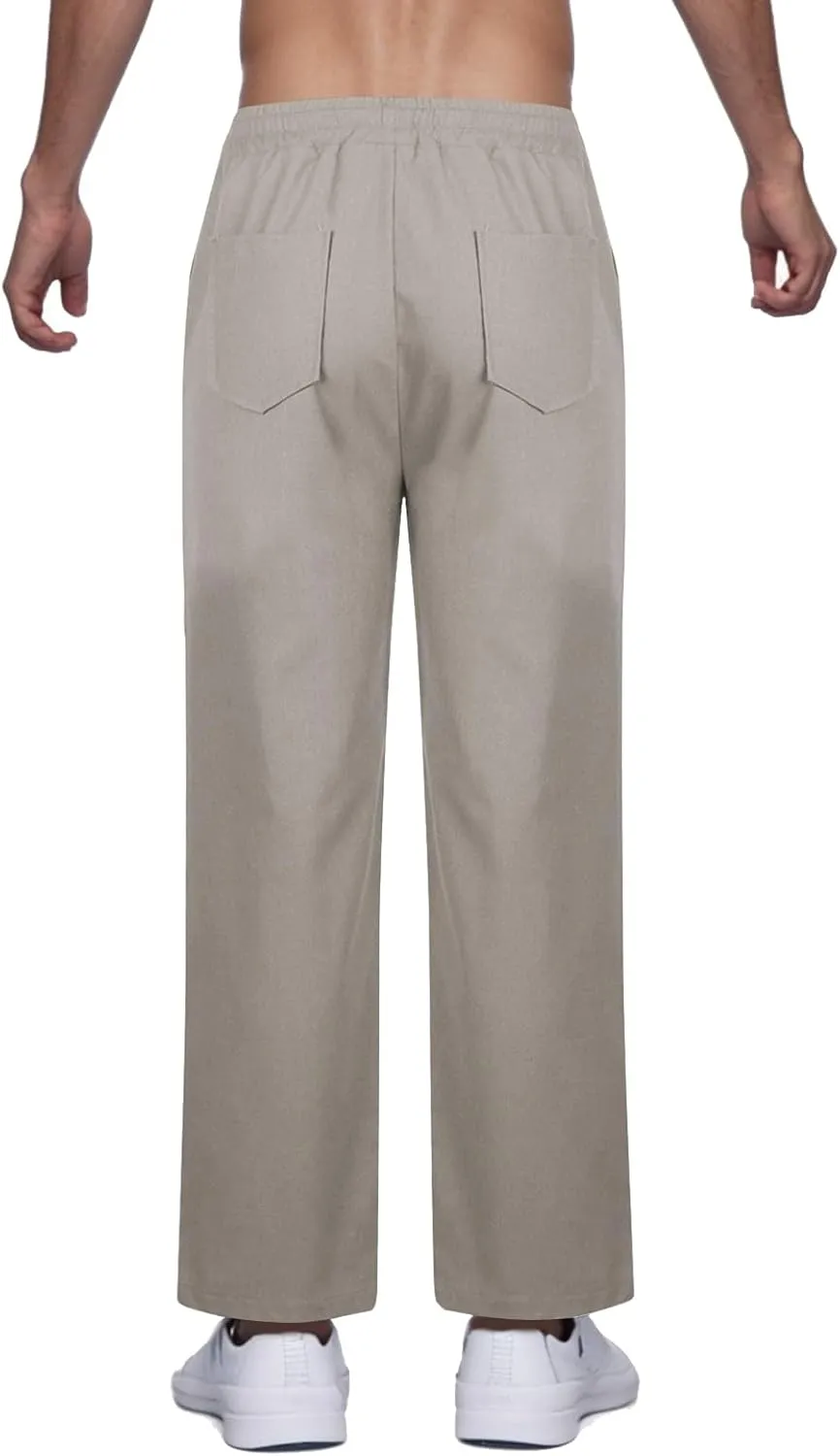 Linen Pants Men Drawstring Elastic Waist Beach Pants Baggy Summer Pants Lightweight Linen Trousers with Pockets