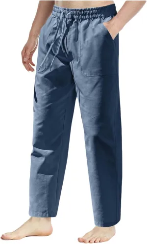 Linen Pants Men Drawstring Elastic Waist Beach Pants Baggy Summer Pants Lightweight Linen Trousers with Pockets