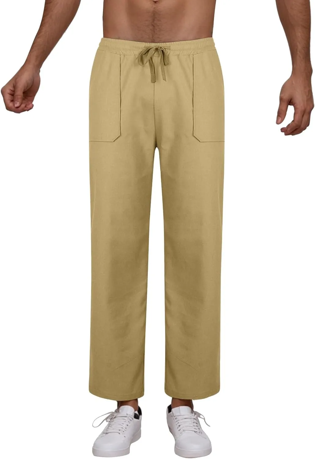 Linen Pants Men Drawstring Elastic Waist Beach Pants Baggy Summer Pants Lightweight Linen Trousers with Pockets