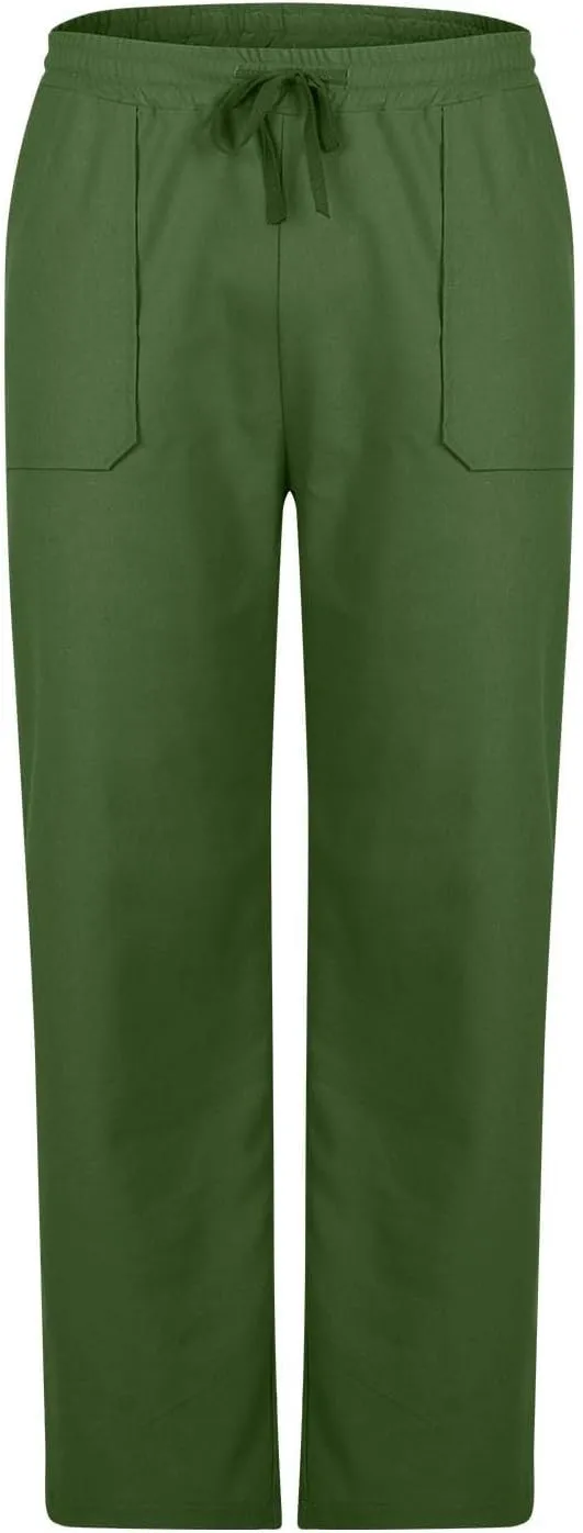 Linen Pants Men Drawstring Elastic Waist Beach Pants Baggy Summer Pants Lightweight Linen Trousers with Pockets