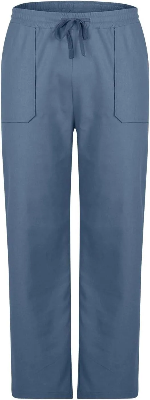 Linen Pants Men Drawstring Elastic Waist Beach Pants Baggy Summer Pants Lightweight Linen Trousers with Pockets