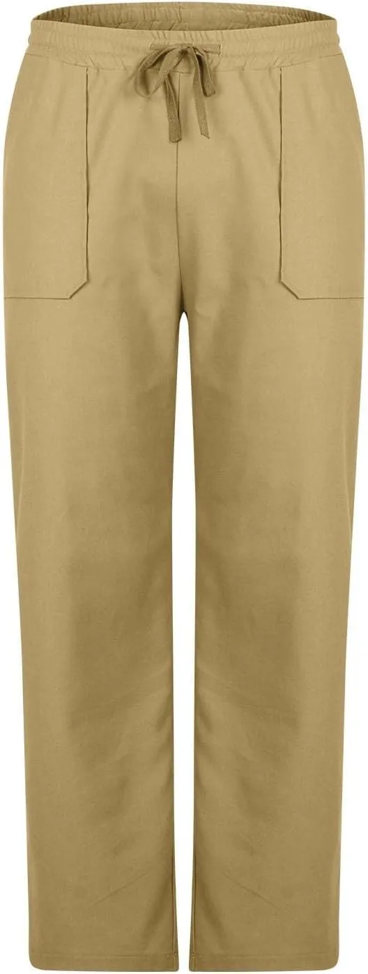 Linen Pants Men Drawstring Elastic Waist Beach Pants Baggy Summer Pants Lightweight Linen Trousers with Pockets
