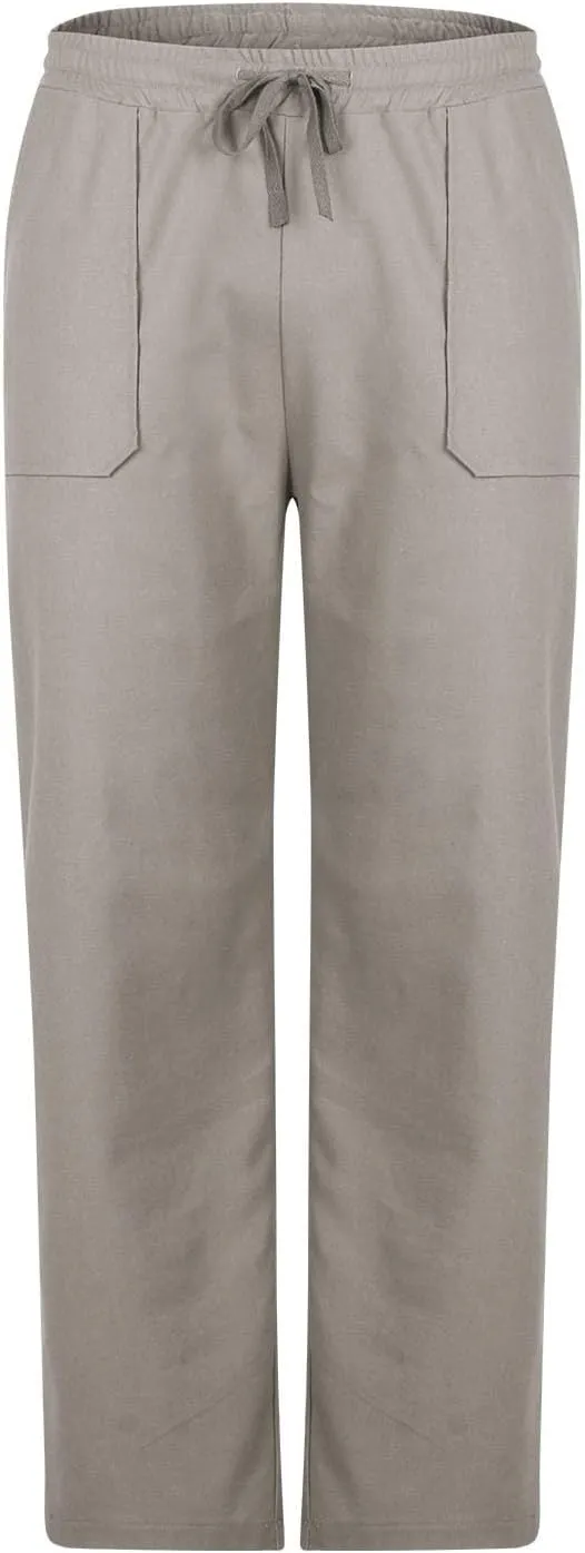 Linen Pants Men Drawstring Elastic Waist Beach Pants Baggy Summer Pants Lightweight Linen Trousers with Pockets