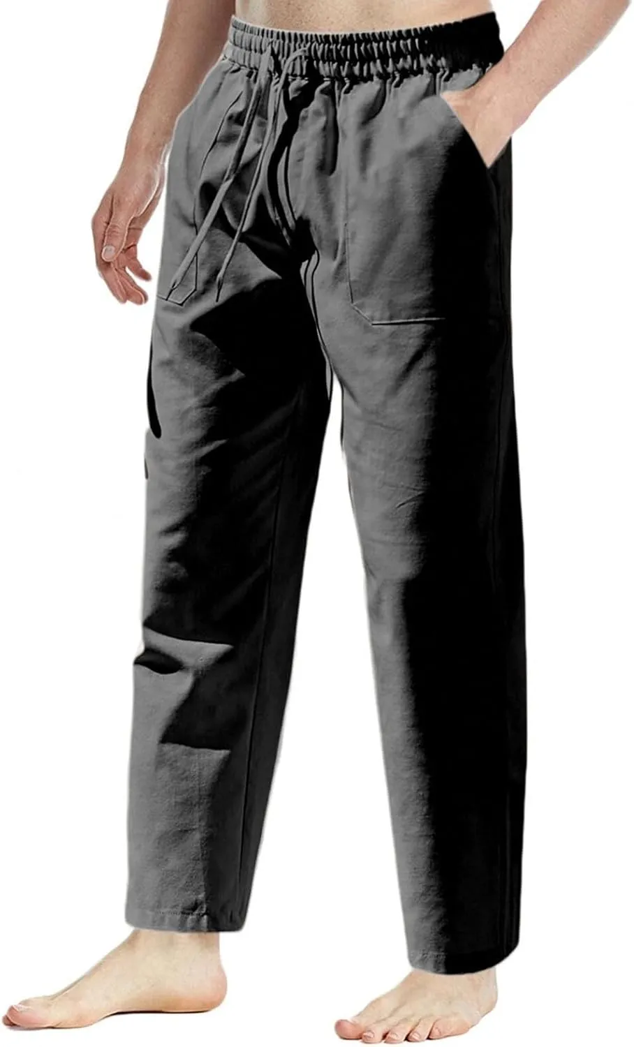Linen Pants Men Drawstring Elastic Waist Beach Pants Baggy Summer Pants Lightweight Linen Trousers with Pockets