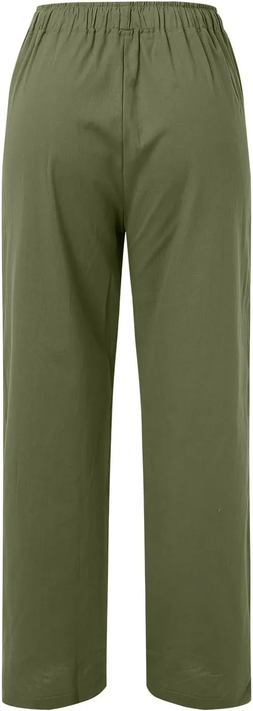 Linen Pants Women High Waist Wide Leg Pants Summer Cotton Linen Pants Casual Beach Trousers with Pockets