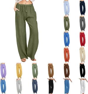 Linen Pants Women High Waist Wide Leg Pants Summer Cotton Linen Pants Casual Beach Trousers with Pockets