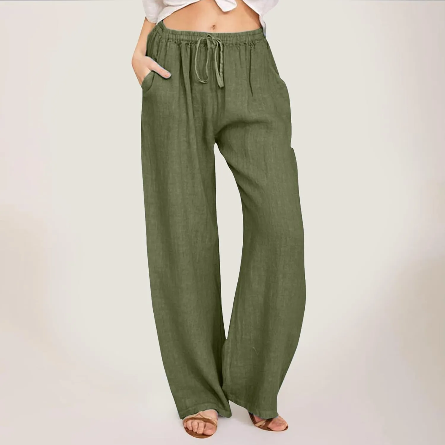 Linen Pants Women High Waist Wide Leg Pants Summer Cotton Linen Pants Casual Beach Trousers with Pockets