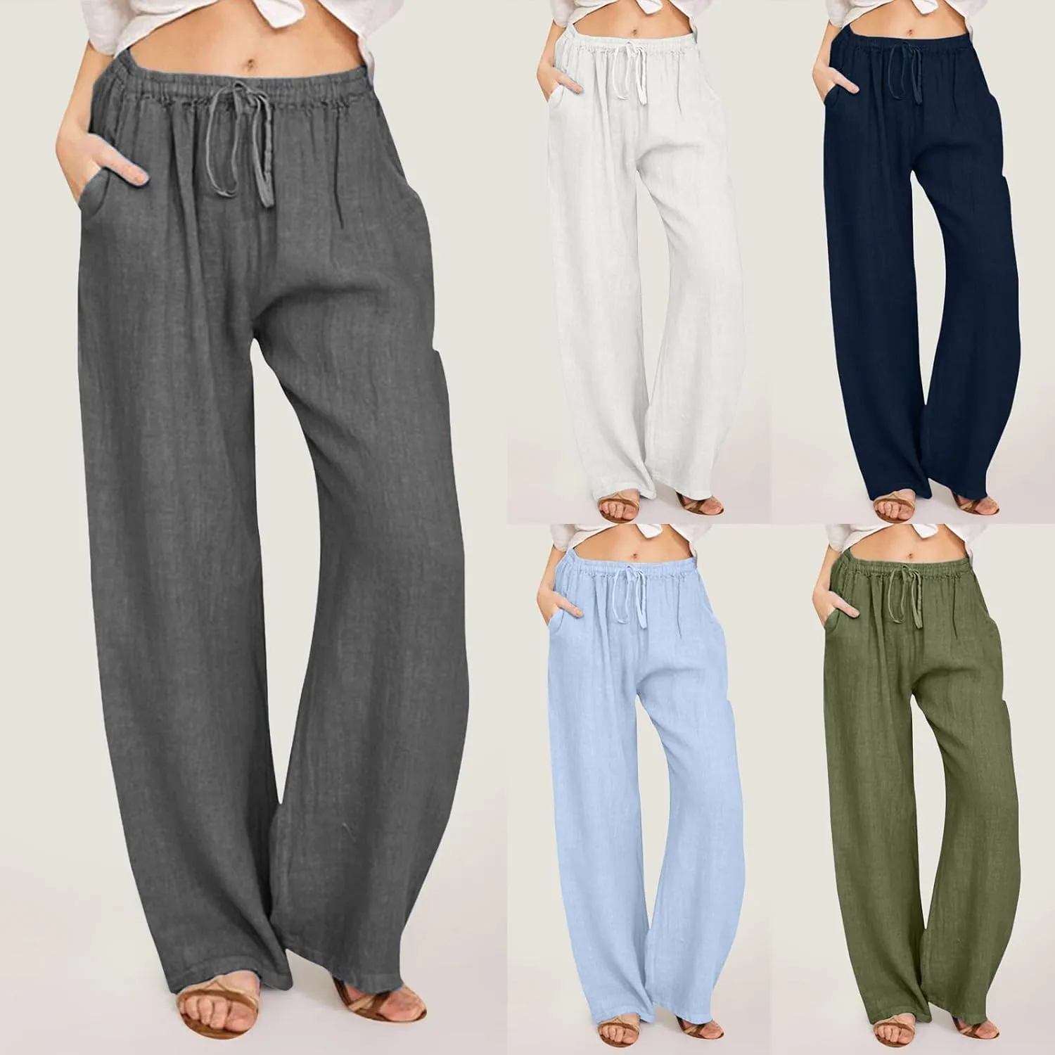 Linen Pants Women High Waist Wide Leg Pants Summer Cotton Linen Pants Casual Beach Trousers with Pockets
