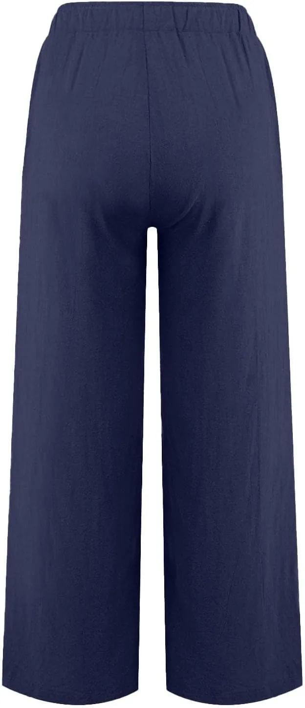 Linen Pants Women Summer High Waisted Pants Wide Leg Lounge Pants Beach Trouser Pants with Pockets