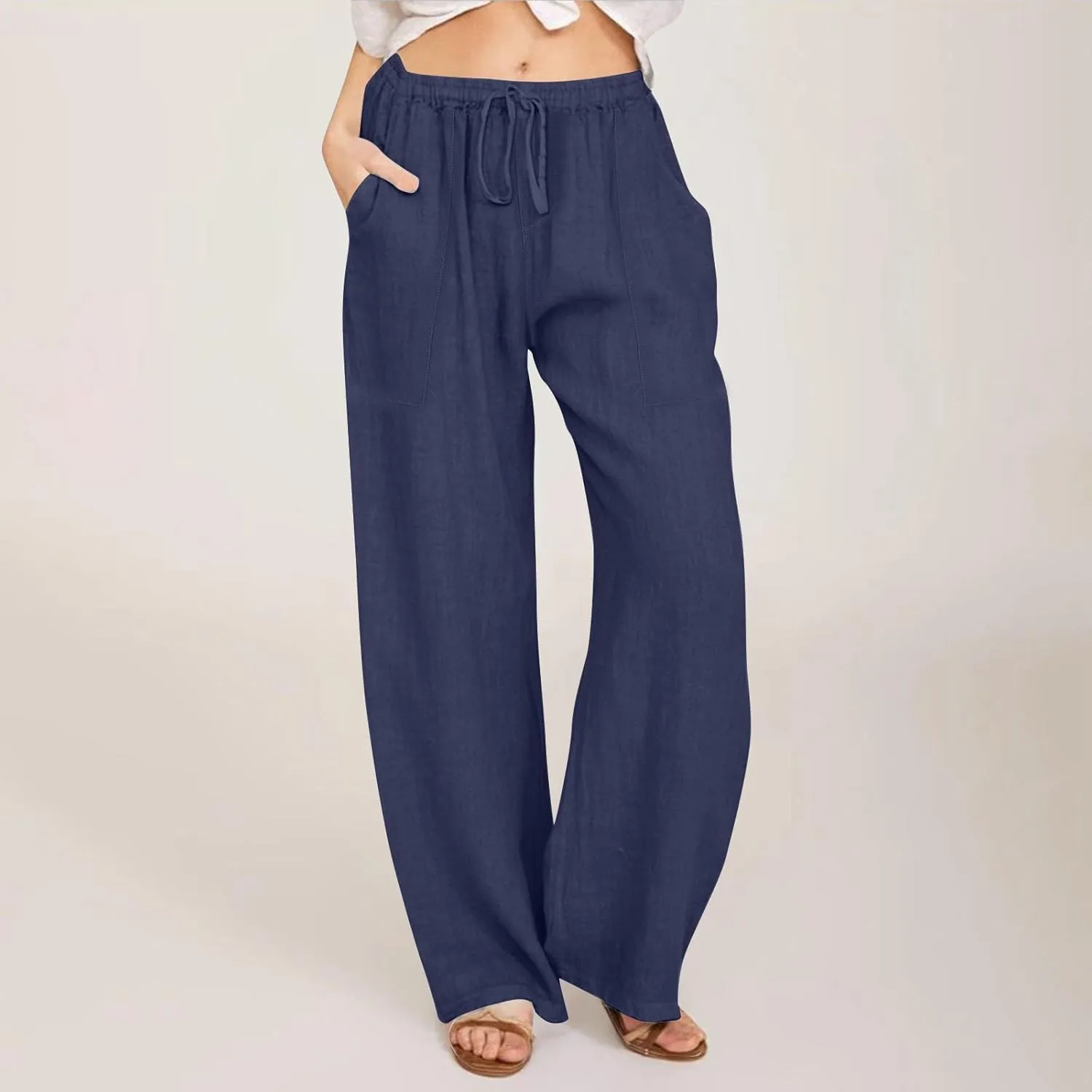 Linen Pants Women Summer High Waisted Pants Wide Leg Lounge Pants Beach Trouser Pants with Pockets