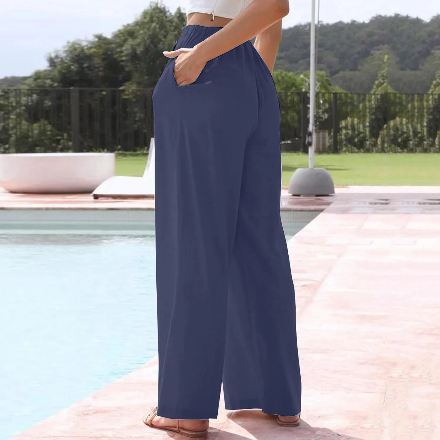 Linen Pants Women Summer High Waisted Pants Wide Leg Lounge Pants Beach Trouser Pants with Pockets