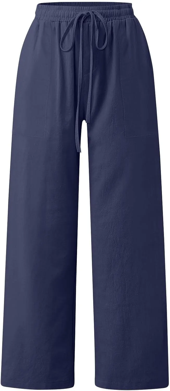 Linen Pants Women Summer High Waisted Pants Wide Leg Lounge Pants Beach Trouser Pants with Pockets