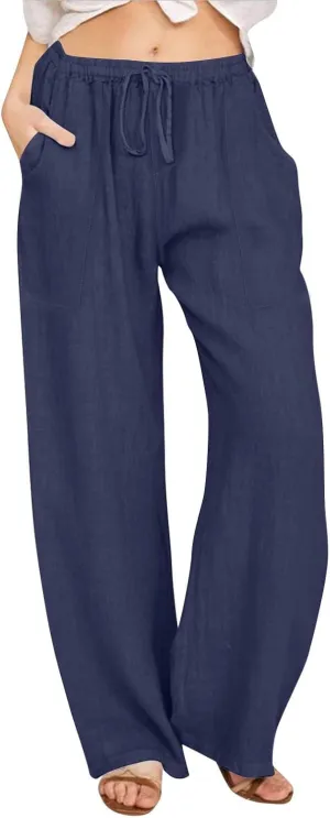Linen Pants Women Summer High Waisted Pants Wide Leg Lounge Pants Beach Trouser Pants with Pockets