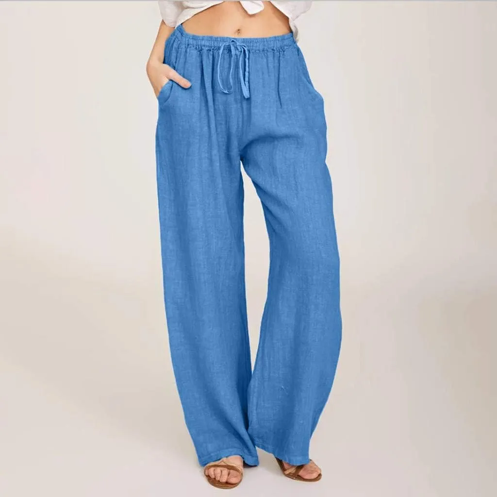Linen Pants Women Wide Leg Pants High Waisted Lounge Pants Drawstring Elastic Waist Pants Casual Beach Trousers 2025
