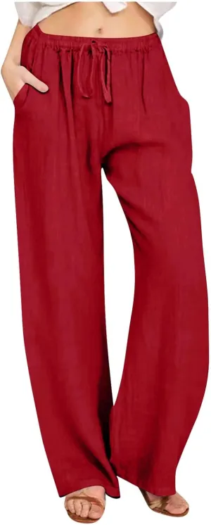 Linen Pants Women Wide Leg Pants High Waisted Lounge Pants Drawstring Elastic Waist Pants Casual Beach Trousers 2025