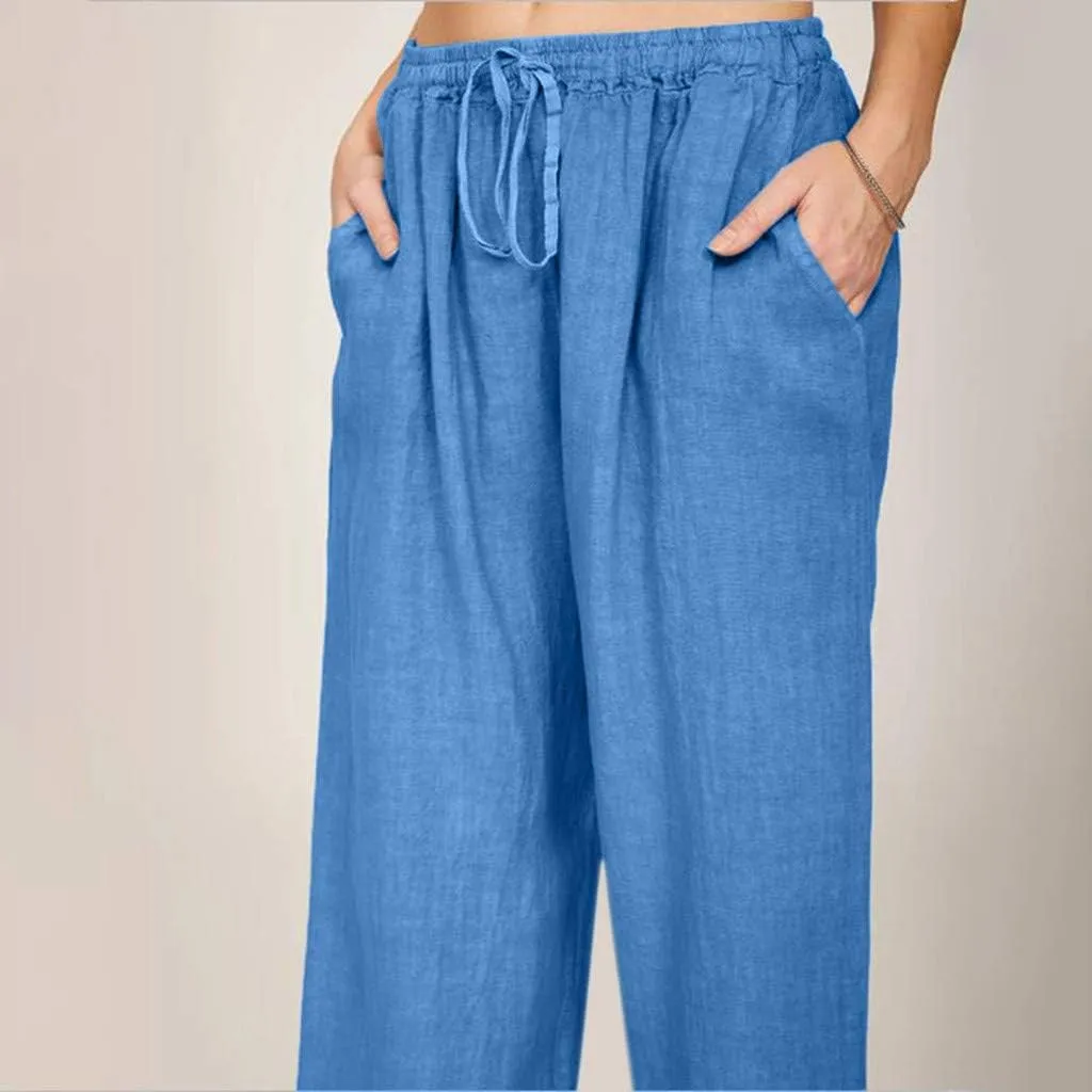 Linen Pants Women Wide Leg Pants High Waisted Lounge Pants Drawstring Elastic Waist Pants Casual Beach Trousers 2025