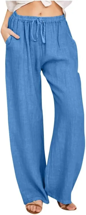 Linen Pants Women Wide Leg Pants High Waisted Lounge Pants Drawstring Elastic Waist Pants Casual Beach Trousers 2025