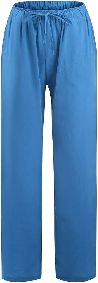 Linen Pants Women Wide Leg Pants High Waisted Lounge Pants Drawstring Elastic Waist Pants Casual Beach Trousers 2025