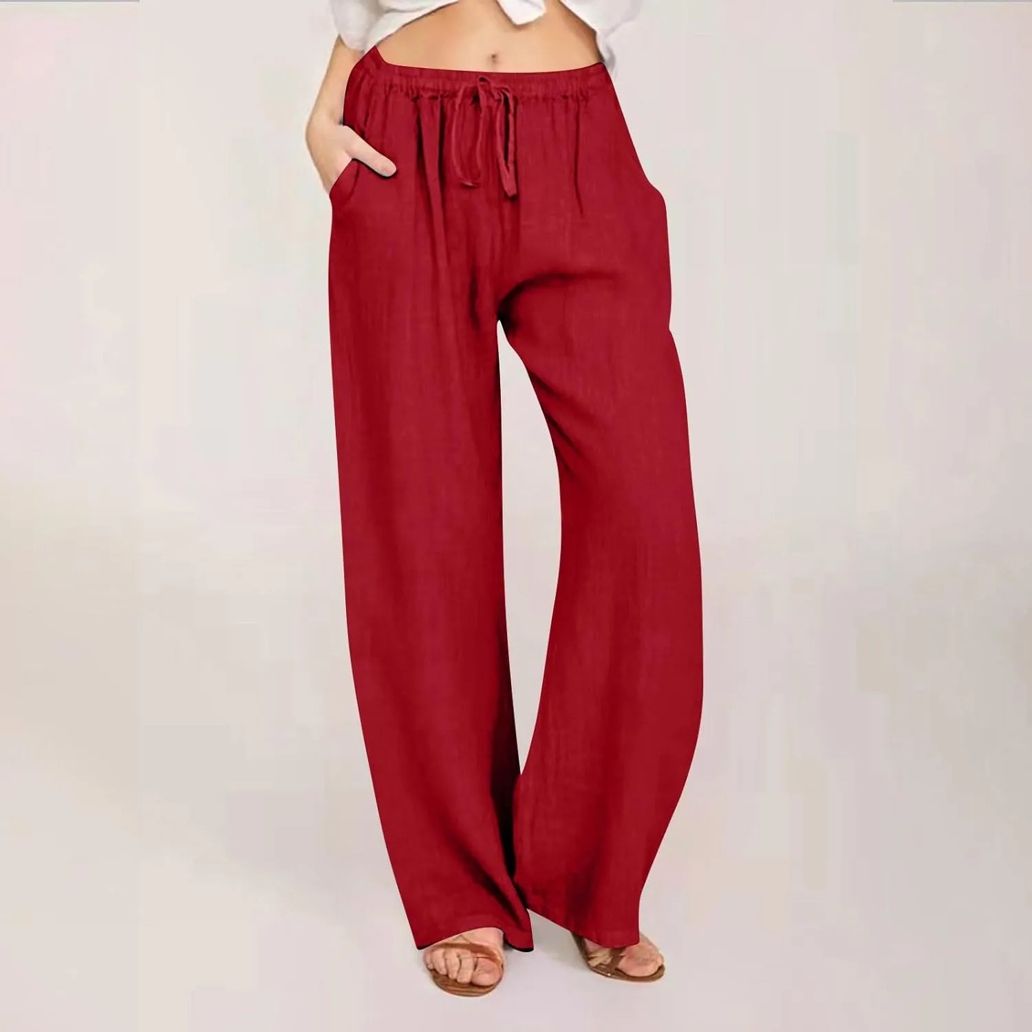 Linen Pants Women Wide Leg Pants High Waisted Lounge Pants Drawstring Elastic Waist Pants Casual Beach Trousers 2025