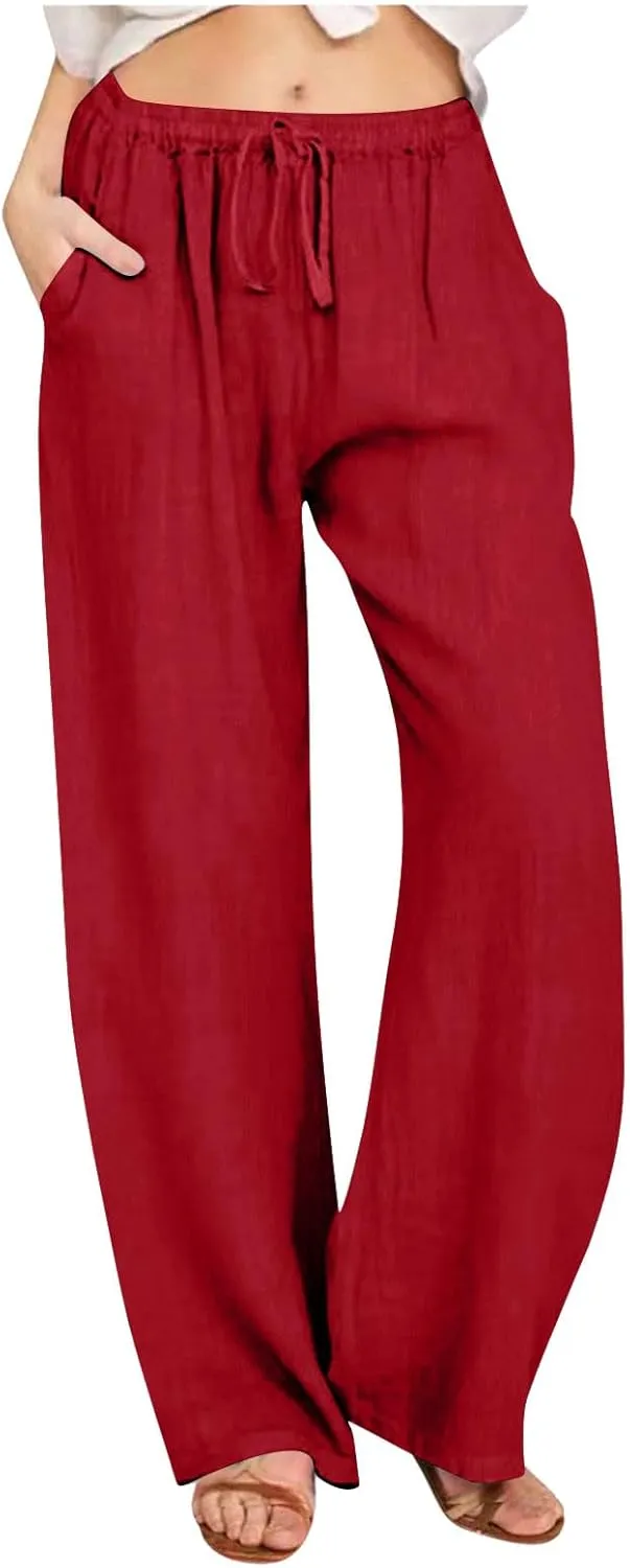 Linen Pants Women Wide Leg Pants High Waisted Lounge Pants Drawstring Elastic Waist Pants Casual Beach Trousers 2025
