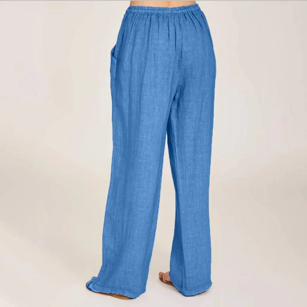 Linen Pants Women Wide Leg Pants High Waisted Lounge Pants Drawstring Elastic Waist Pants Casual Beach Trousers 2025