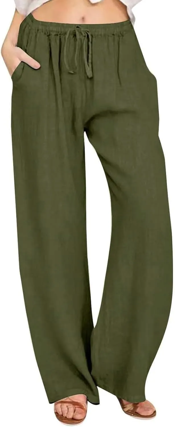 Linen Pants Women's Summer Wide Leg Pants Drawstring Elastic Waist Pants High Waisted Lounge Pants Beach Trousers