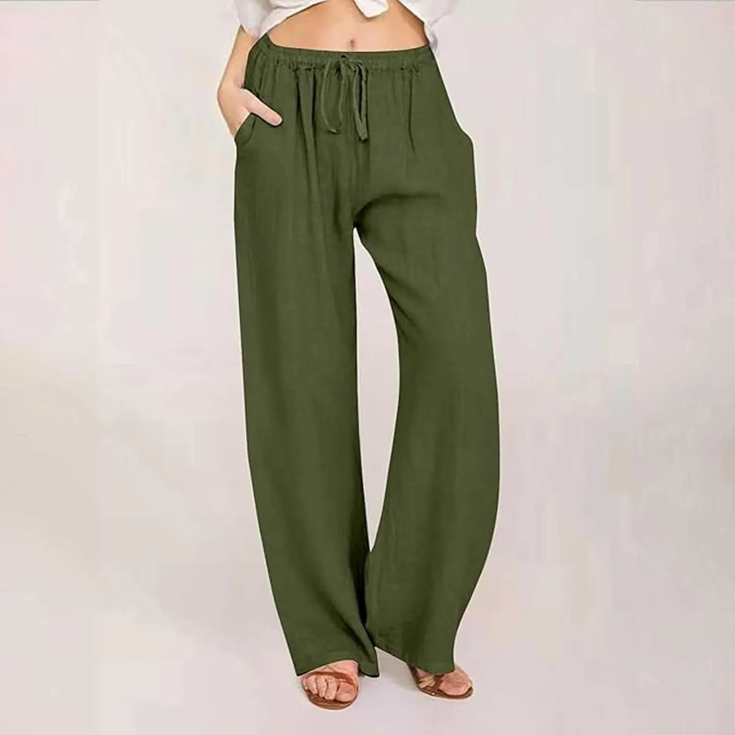 Linen Pants Women's Summer Wide Leg Pants Drawstring Elastic Waist Pants High Waisted Lounge Pants Beach Trousers