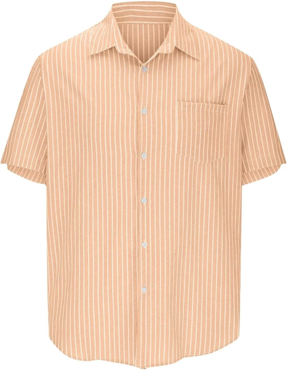 Linen Shirt for Men Summer Vacation Beach Short Sleeve Striped Button Down Casual Hawaiian Shirt